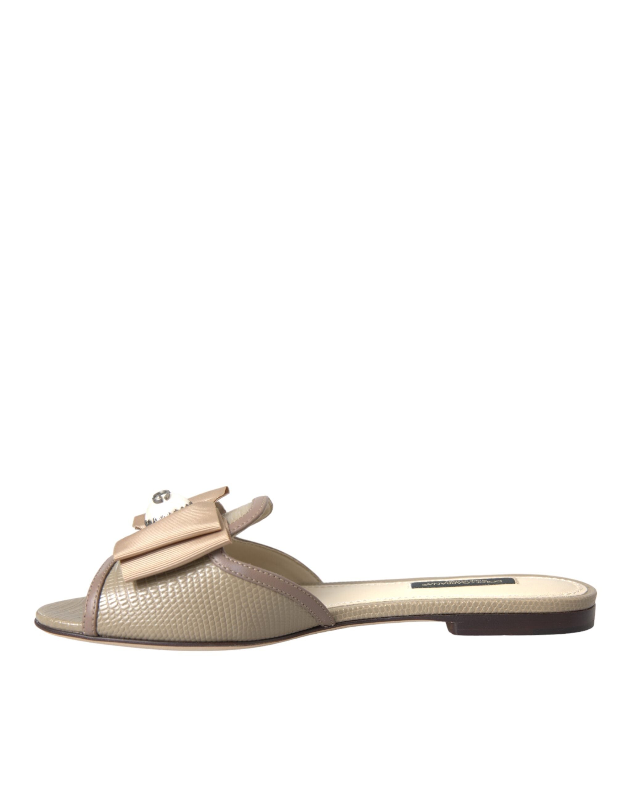 Dolce & Gabbana Beige Logo Pearl Flats Σανδάλια Slides Παπούτσια