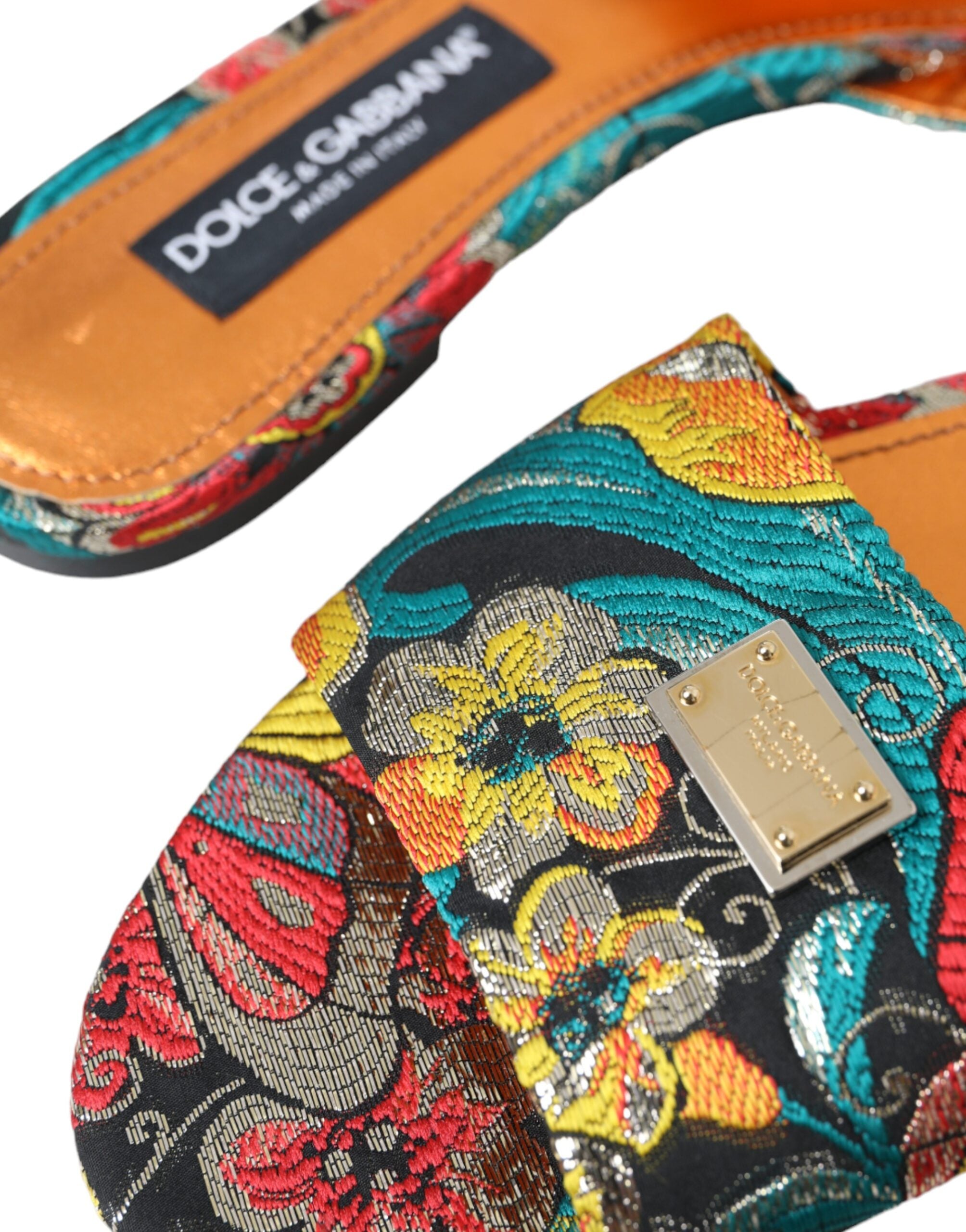 Dolce & Gabbana Multicolor Floral Brocade Logo Flats Sandals Shoes