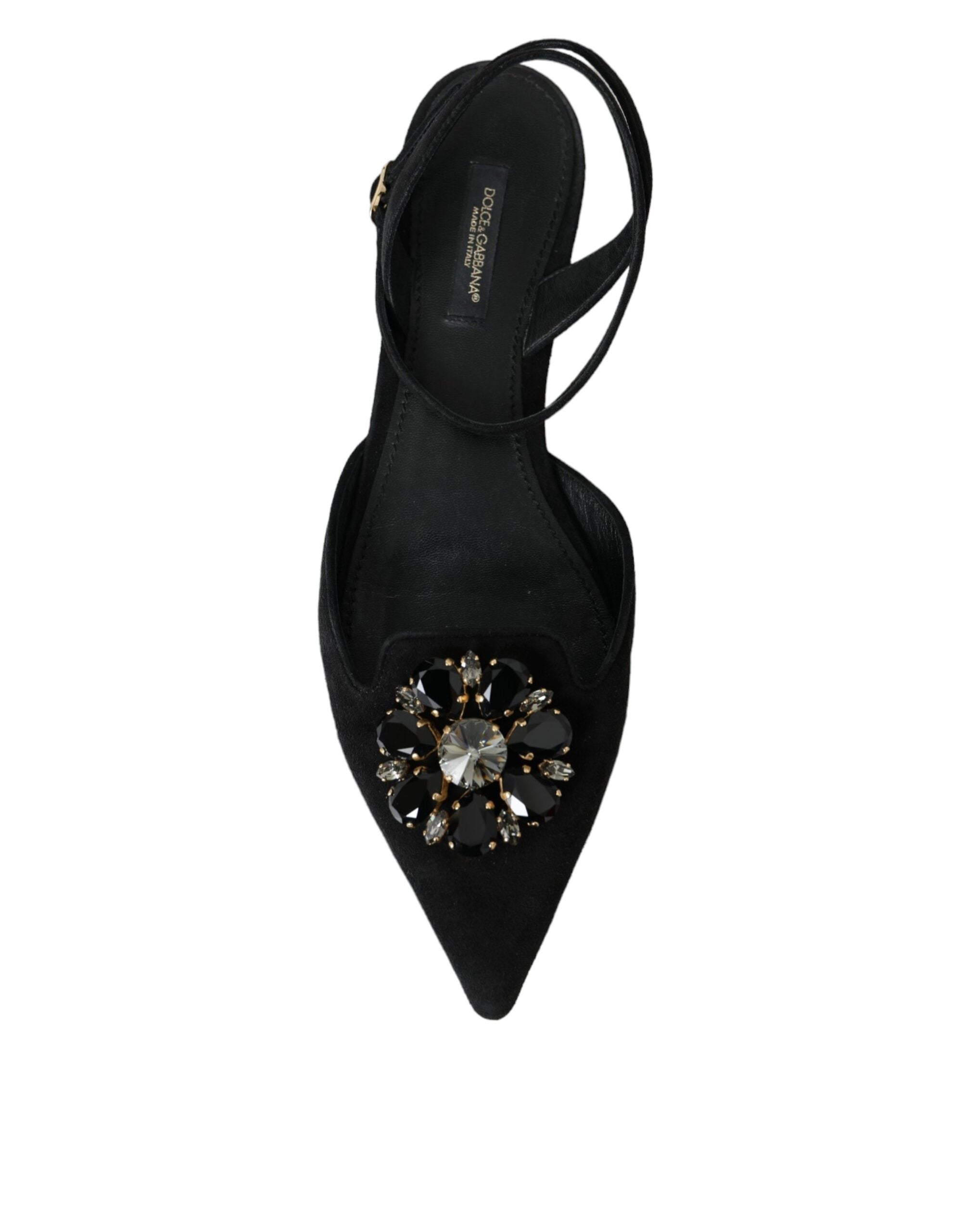 Dolce & Gabbana Black Leather Crystal Slingback Sandals Shoes