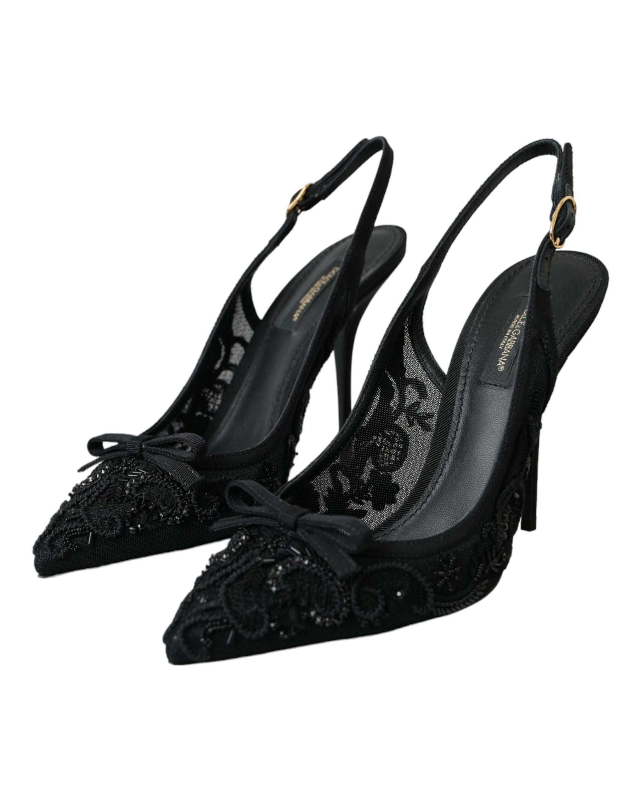 Dolce & Gabbana Μαύρο τούλι Ricamo Γόβες Slingbacks Παπούτσια