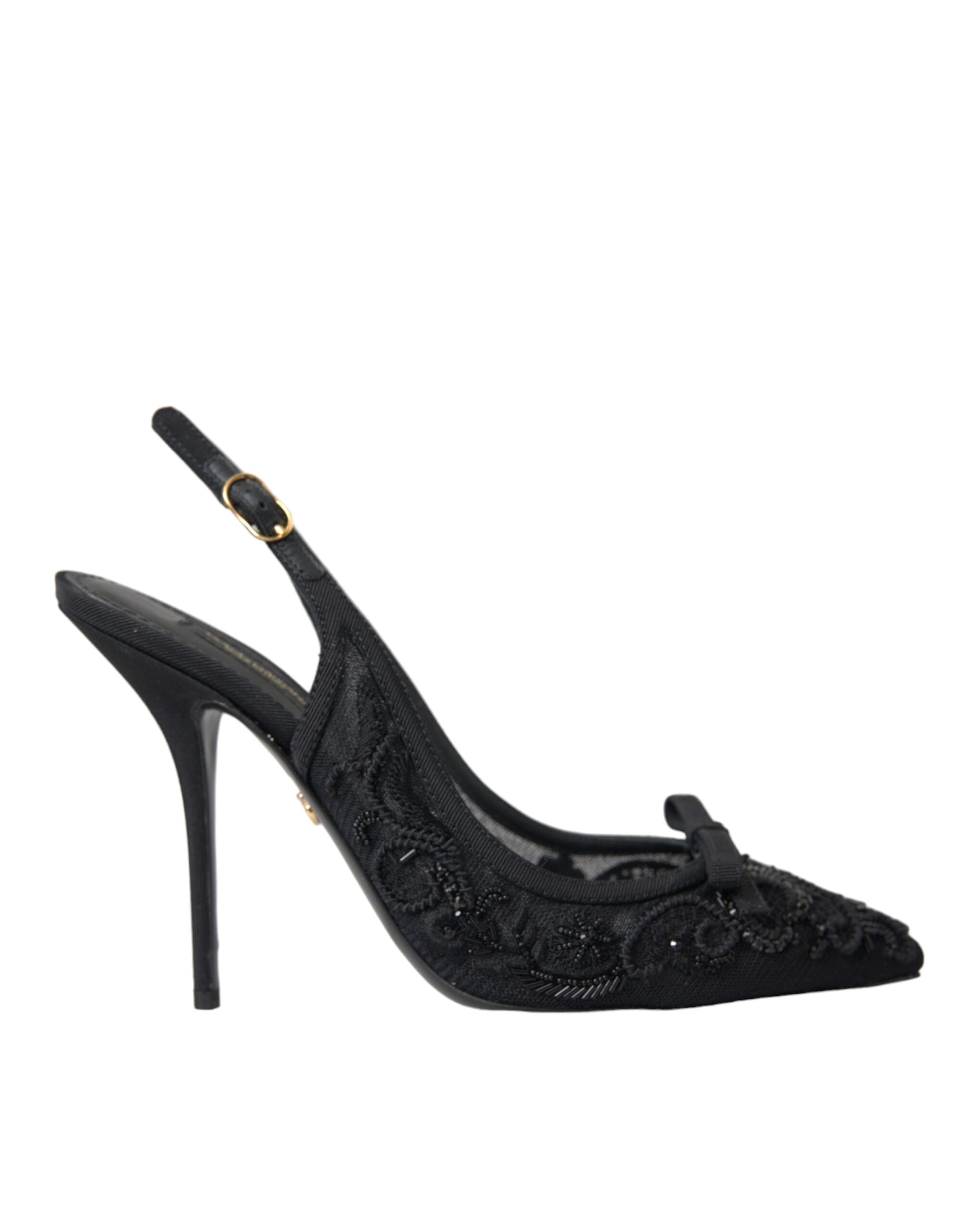 Dolce & Gabbana Μαύρο τούλι Ricamo Γόβες Slingbacks Παπούτσια