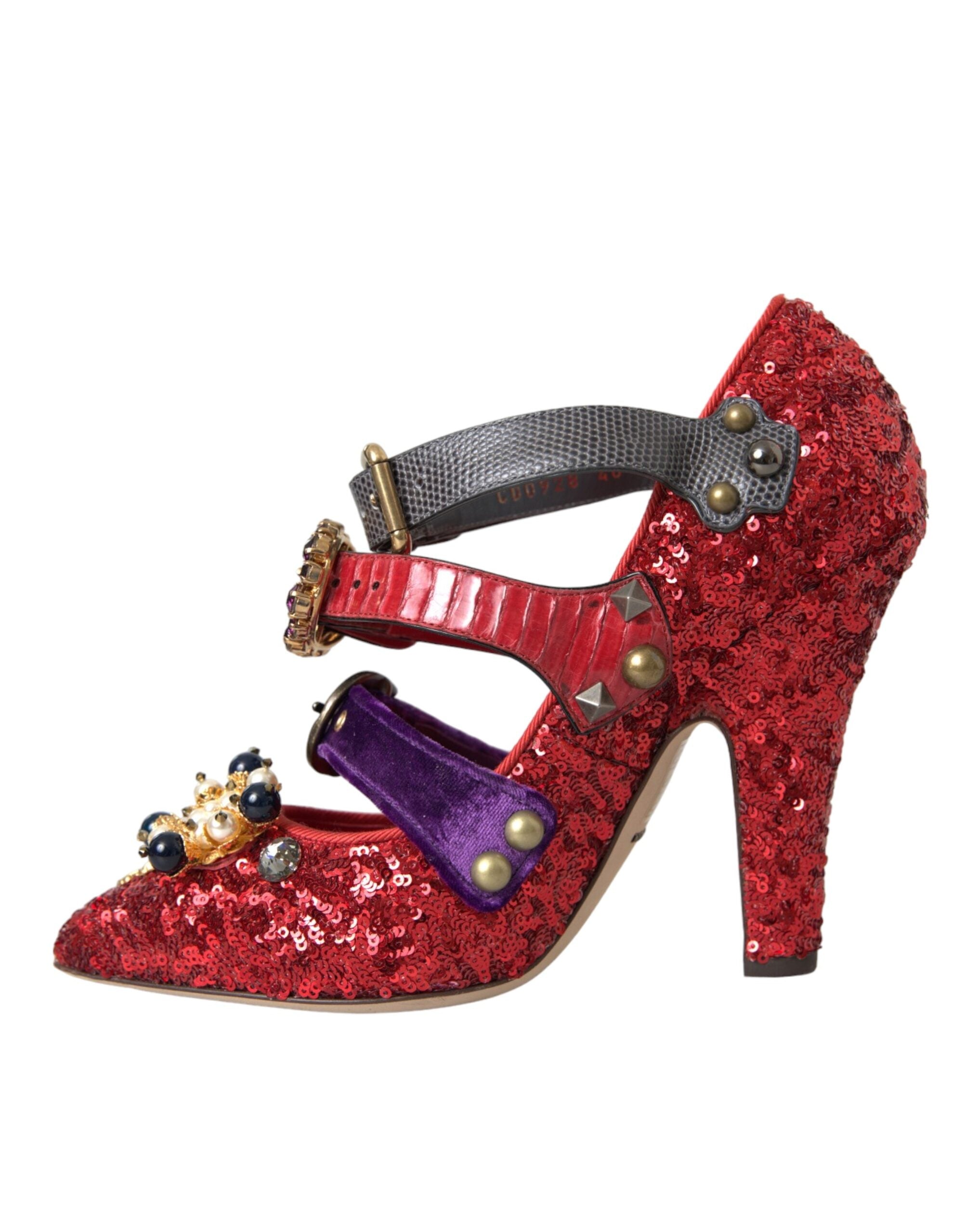 Dolce & Gabbana Red Sequined Crystal Mary Janes Pumps Shoes