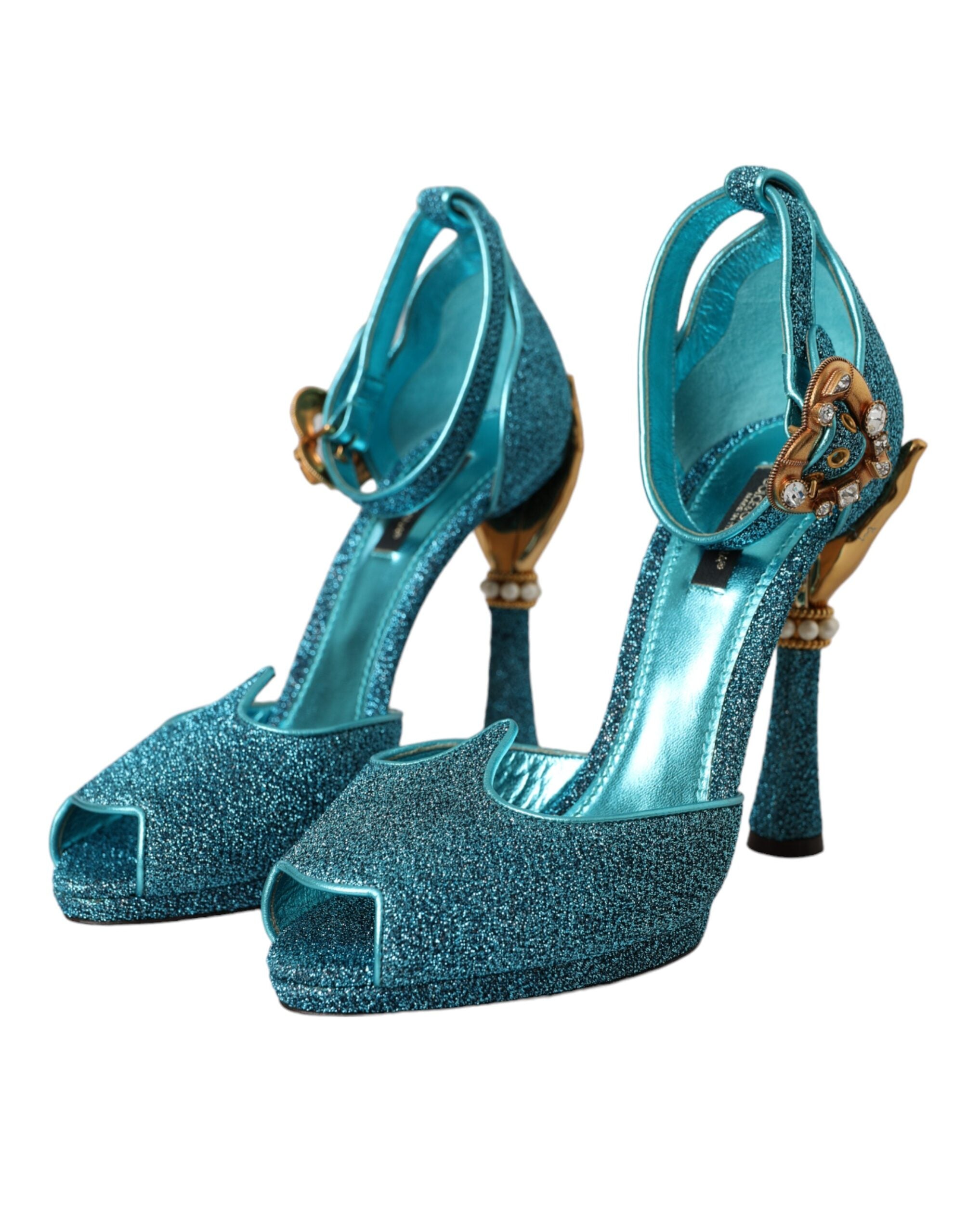 Παπούτσια σανδάλια με γόβες χεριών Dolce & Gabbana Blue Lurex Bejeweled