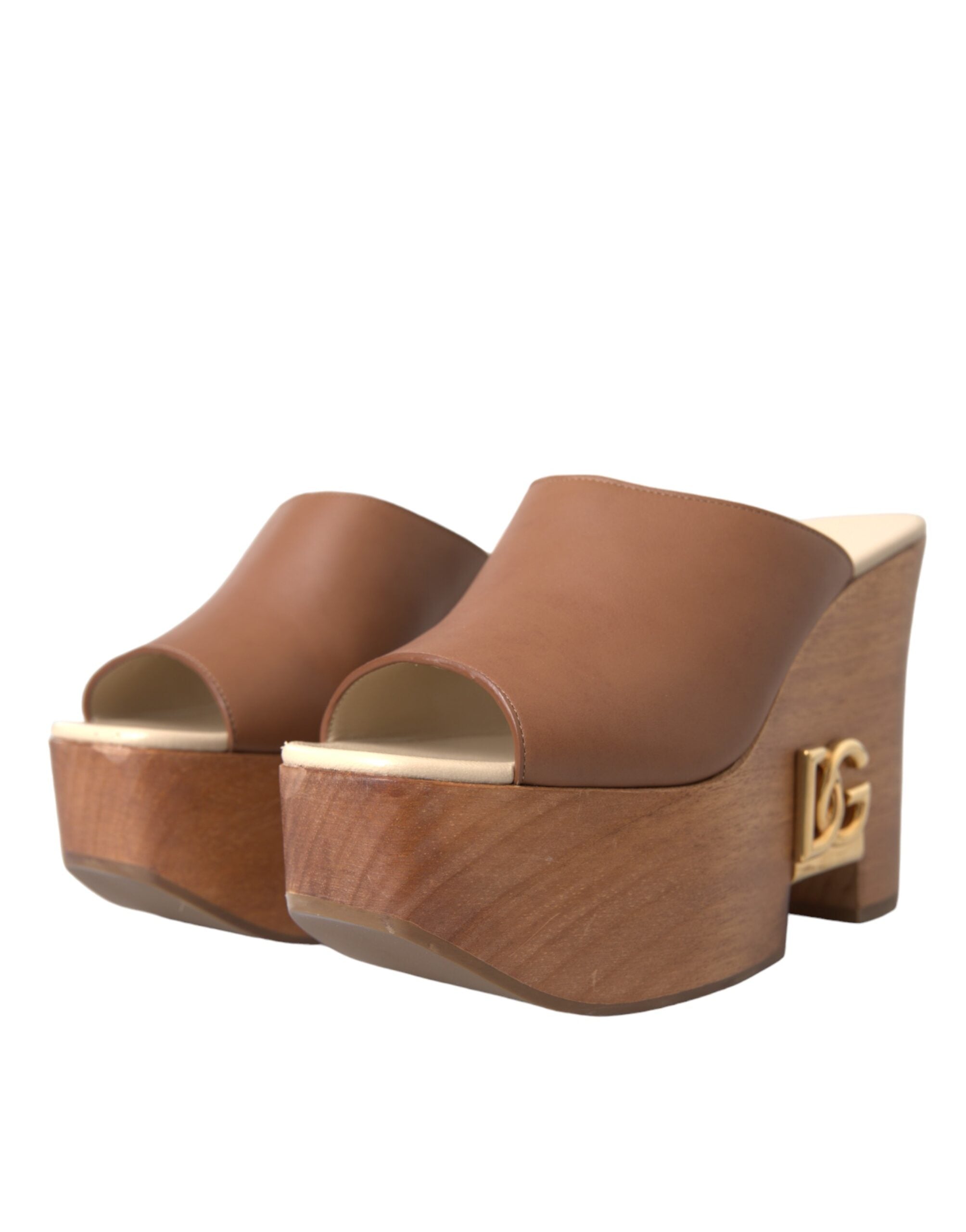 Παπούτσια Dolce & Gabbana Brown Leather Wood Mules Wedge Slides