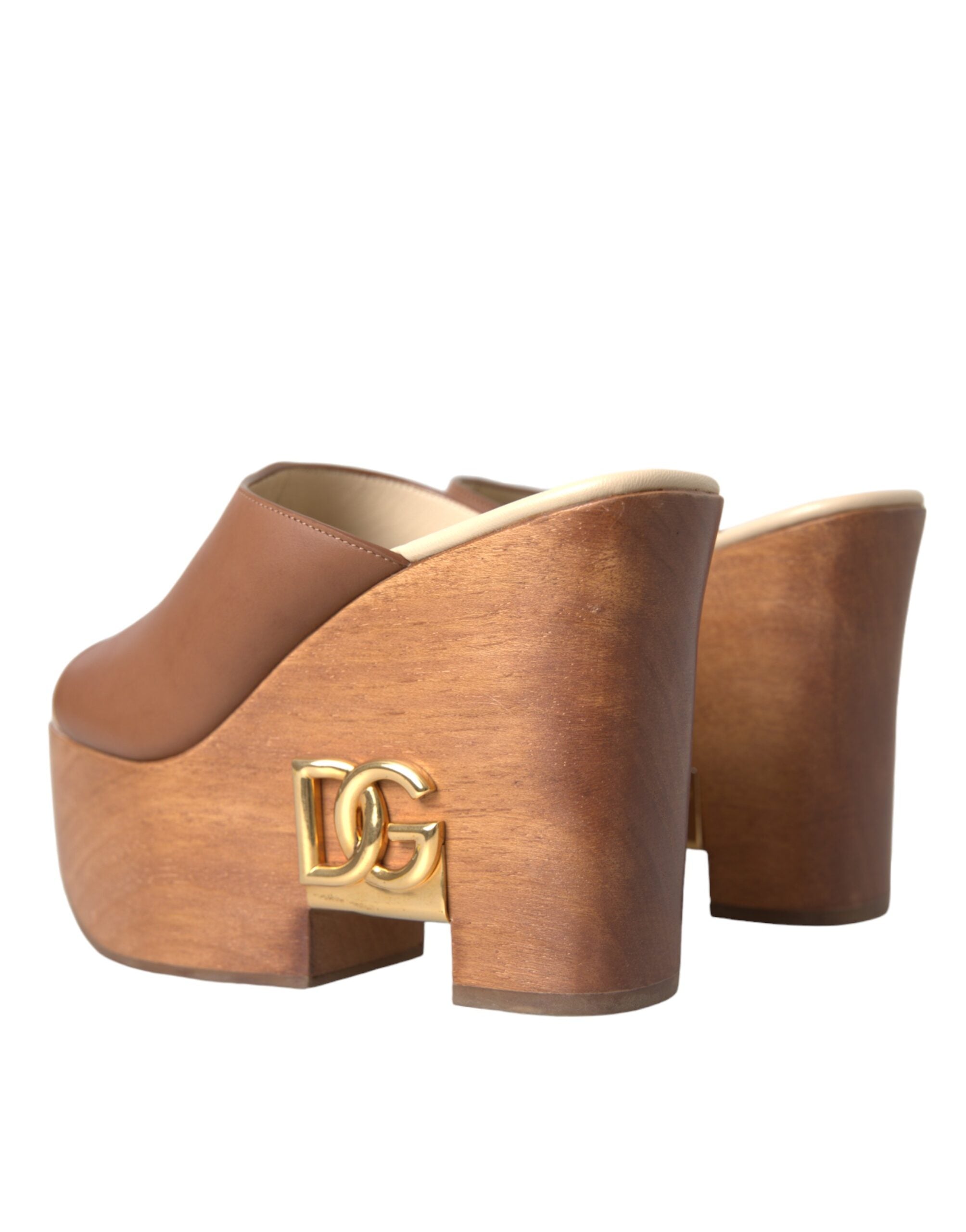 Παπούτσια Dolce & Gabbana Brown Leather Wood Mules Wedge Slides