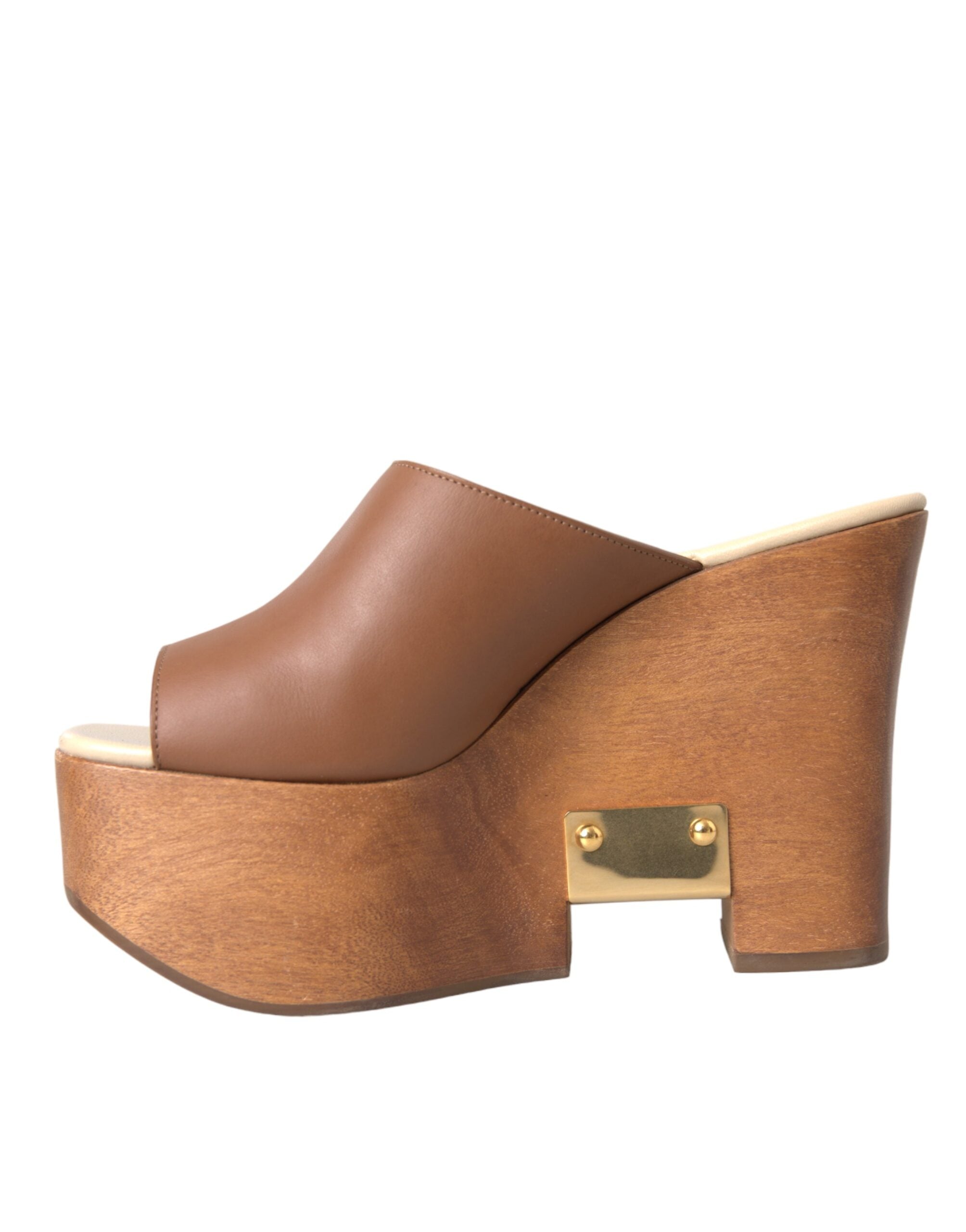 Παπούτσια Dolce & Gabbana Brown Leather Wood Mules Wedge Slides