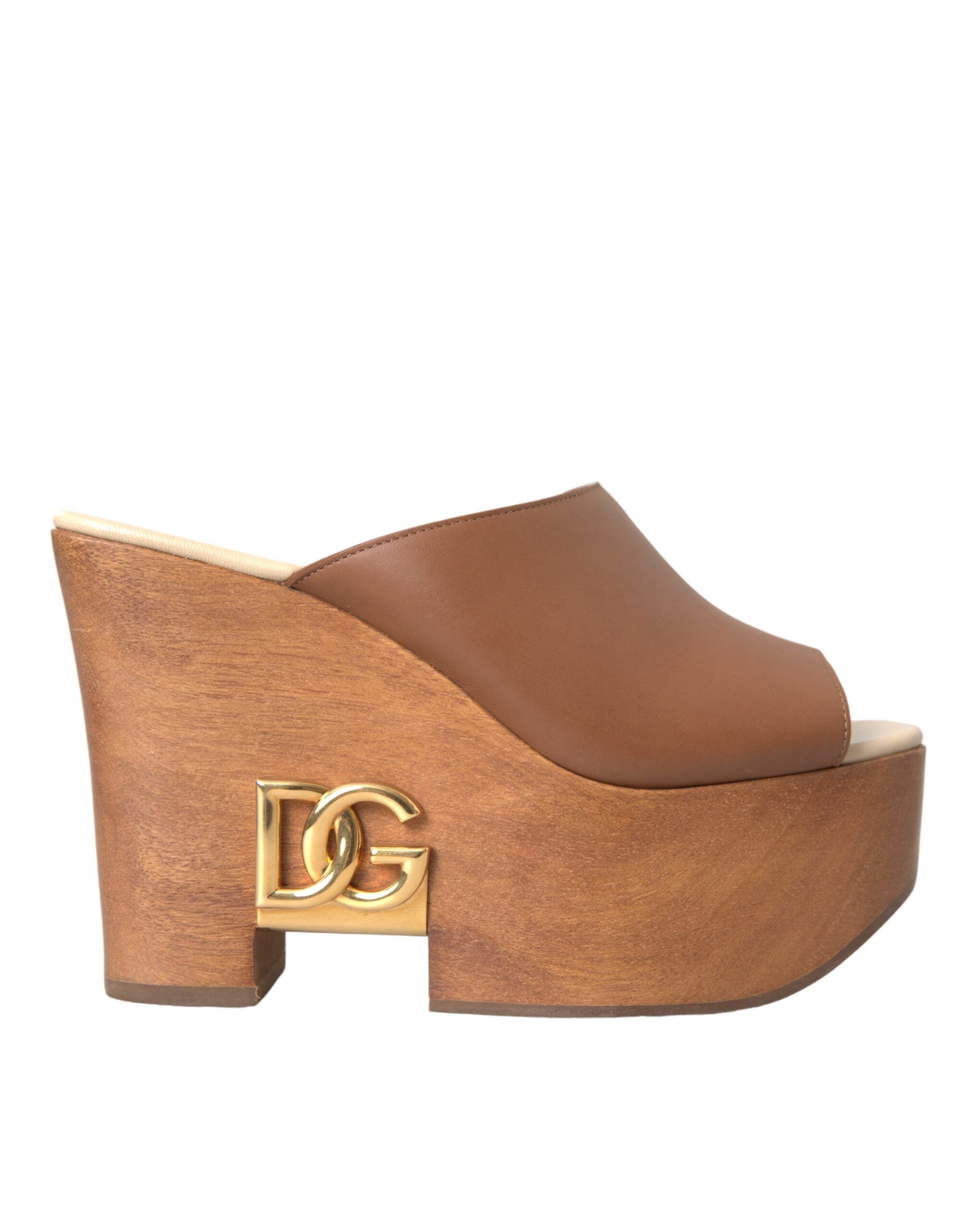 Παπούτσια Dolce & Gabbana Brown Leather Wood Mules Wedge Slides