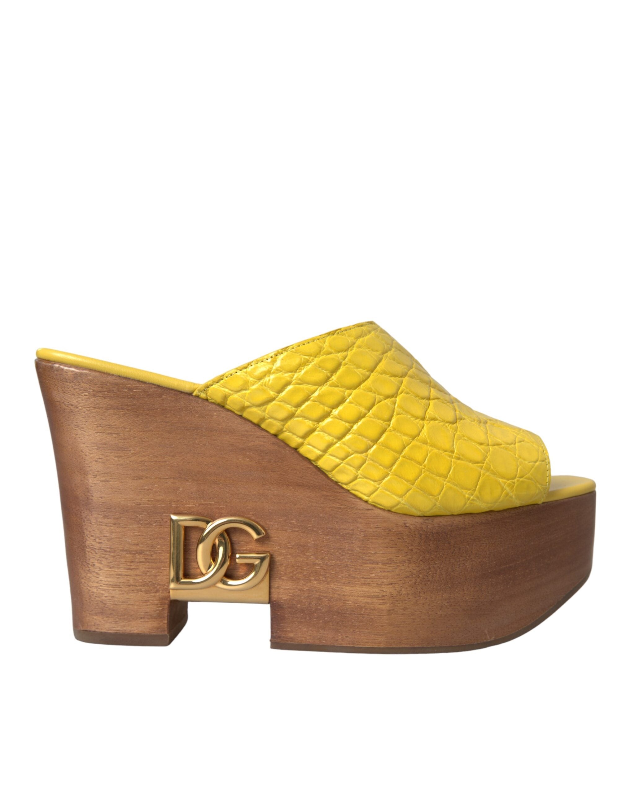 Παπούτσια Dolce & Gabbana Yellow Leather Wood Mule Wedge Slides