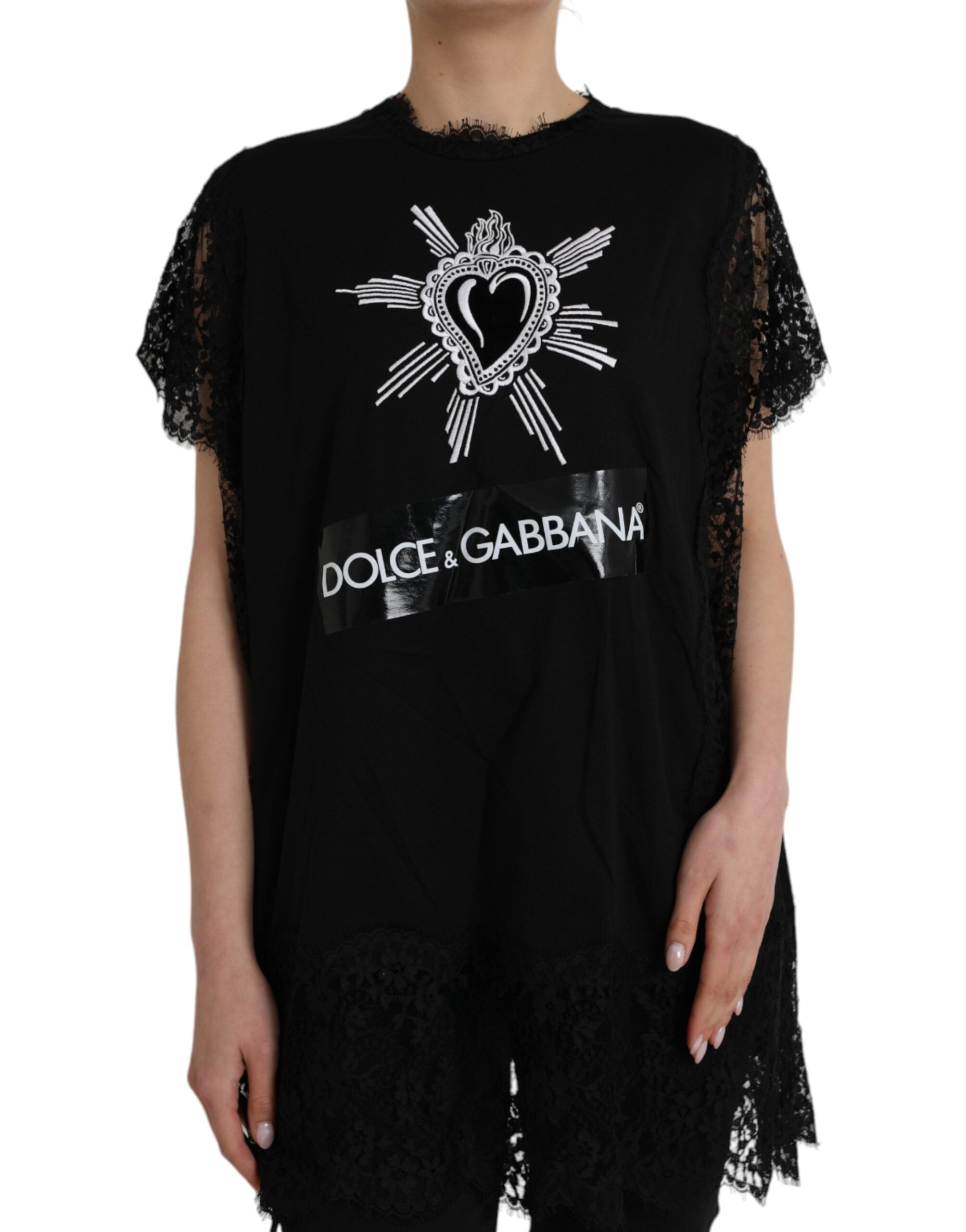 Μπλουζάκι Dolce & Gabbana Black Sacred Heart από βαμβακερή δαντέλα