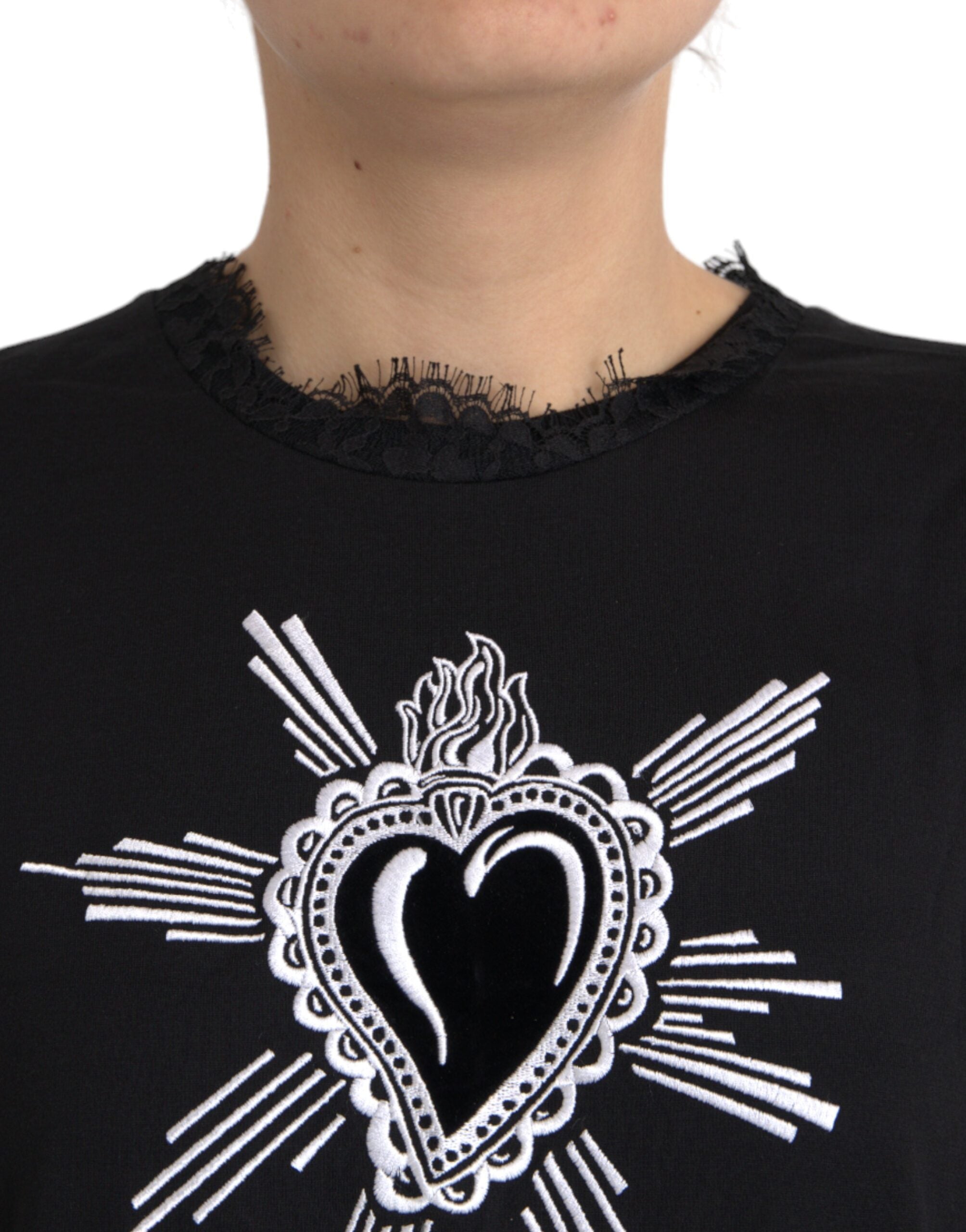 Μπλουζάκι Dolce & Gabbana Black Sacred Heart από βαμβακερή δαντέλα