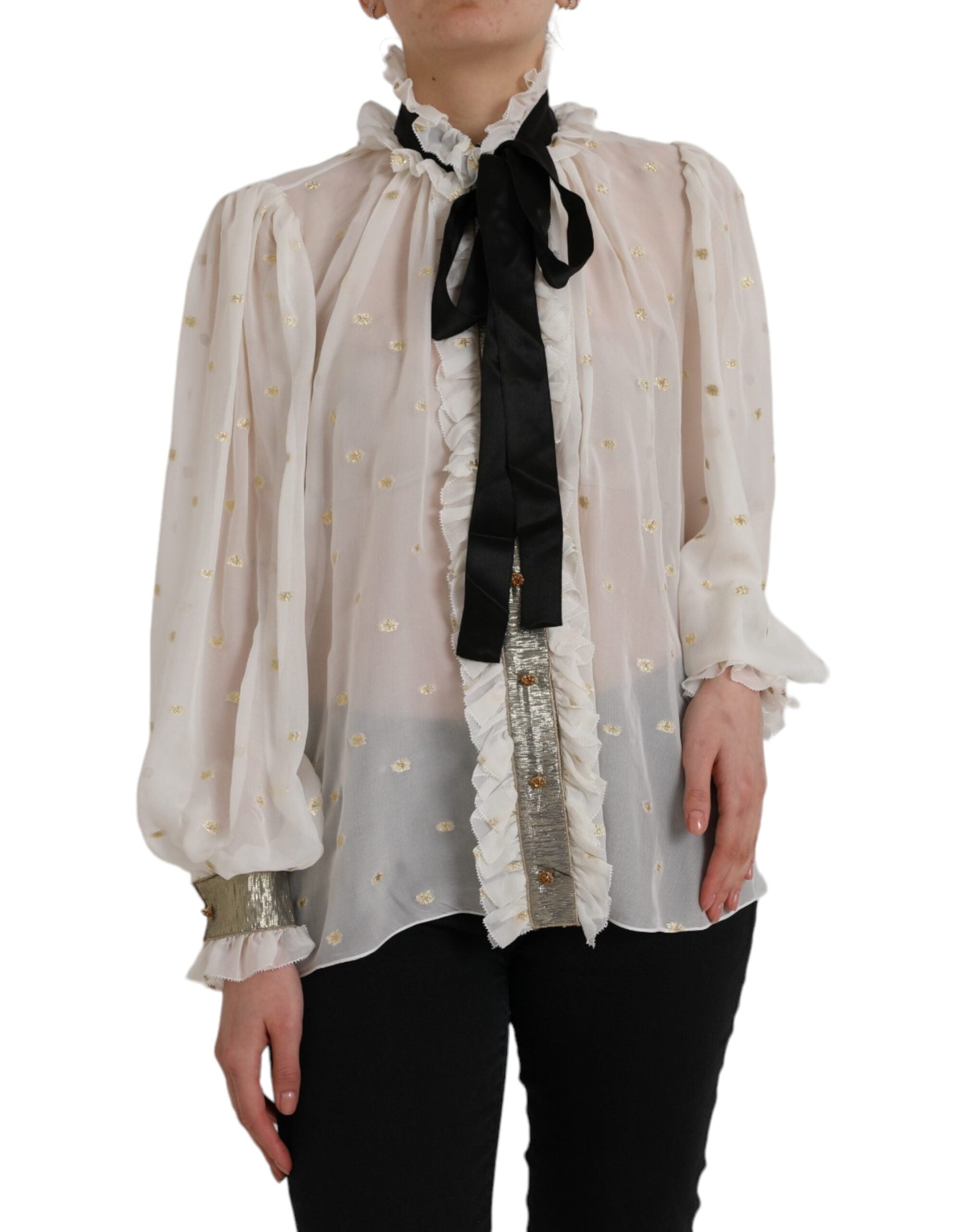 Μπλούζα Dolce & Gabbana Off White Silk Blend Ascot Collar Μπλούζα