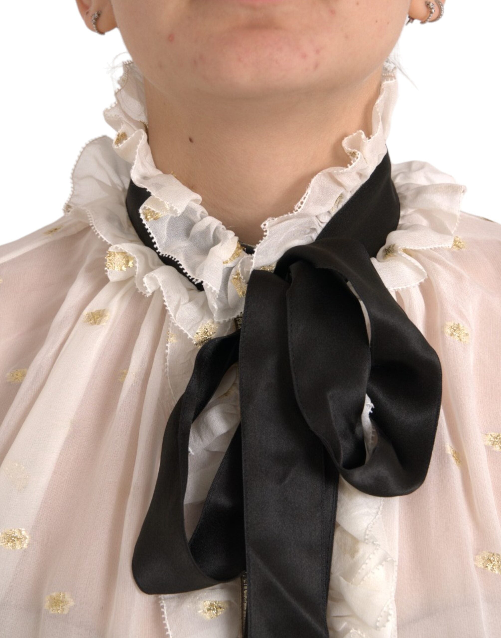 Μπλούζα Dolce & Gabbana Off White Silk Blend Ascot Collar Μπλούζα