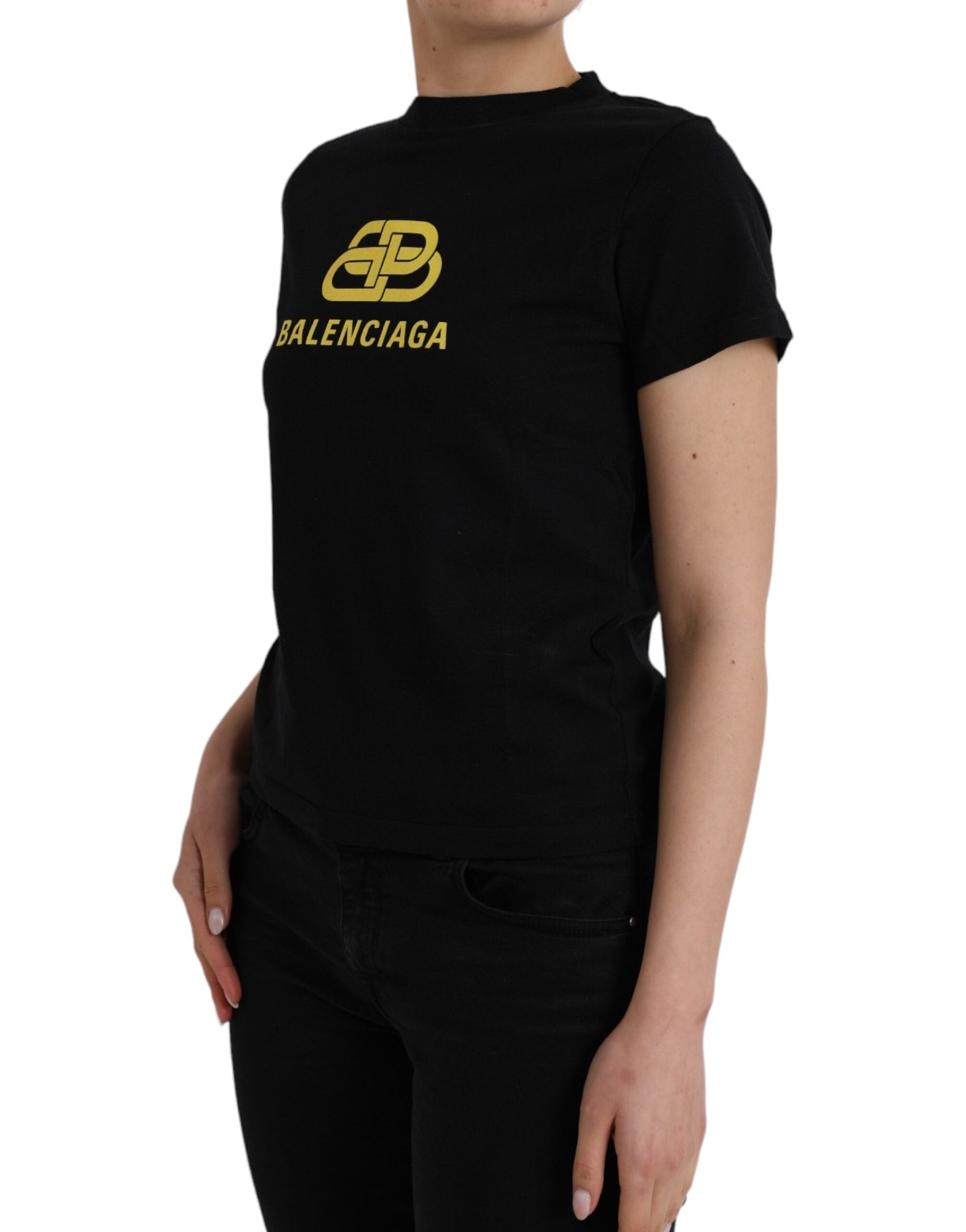 Μπλουζάκι Balenciaga Black Cotton Logo Print Crew Neck με κοντό μανίκι