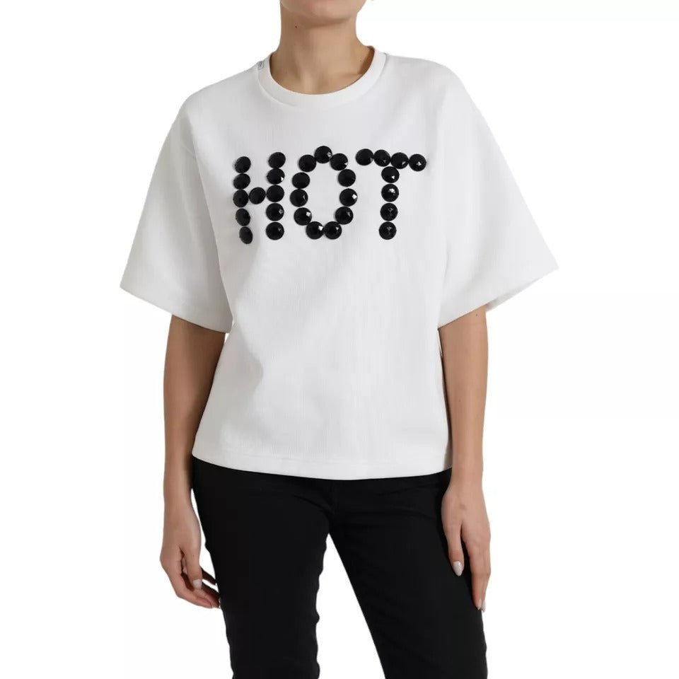 Μπλουζάκι Dolce & Gabbana Λευκό Βαμβακερό Μαύρο HOT Crystal Top