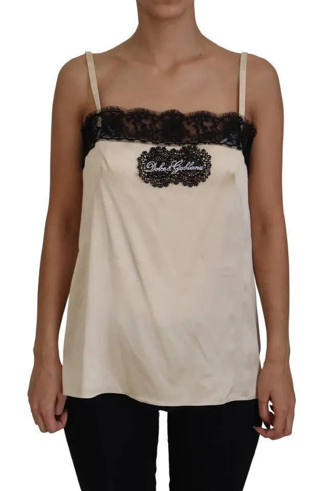 Κέντημα με λογότυπο Dolce & Gabbana Beige Lace Spaghetti Top