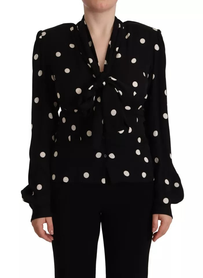 Dolce & Gabbana Black Polka Dots Silk Pussy Bow Long Sleeves Top