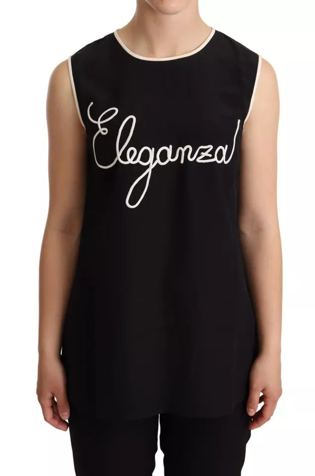 Dolce & Gabbana Black Silk Eleganza Print Αμάνικο μπλουζάκι