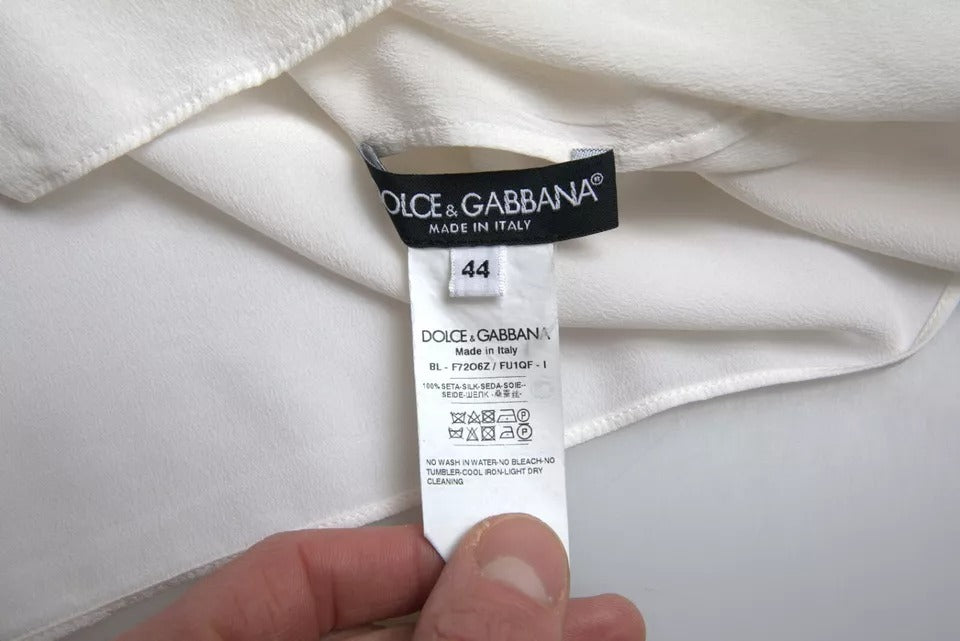 Μπλούζα Dolce & Gabbana White Floral Silk Ascot με γιακά