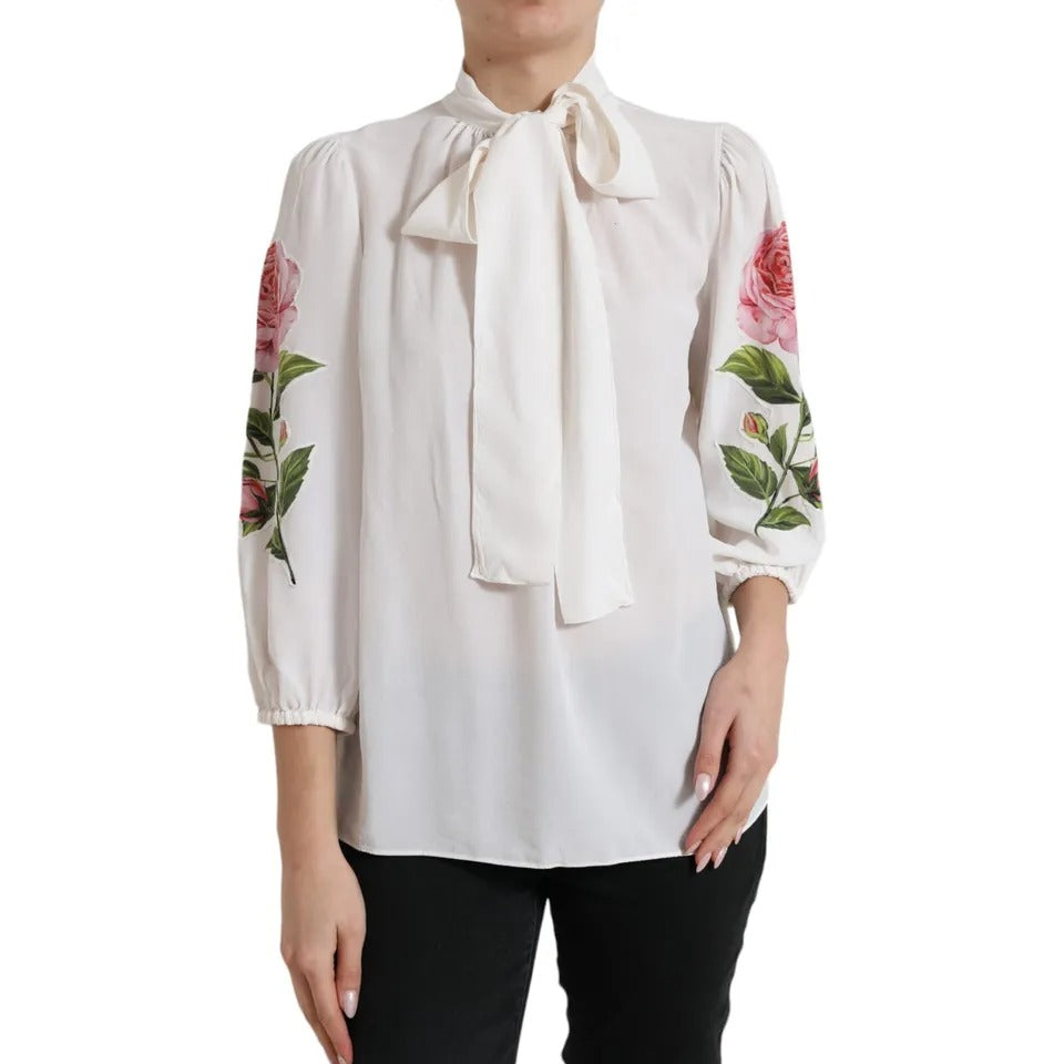 Μπλούζα Dolce & Gabbana White Floral Silk Ascot με γιακά