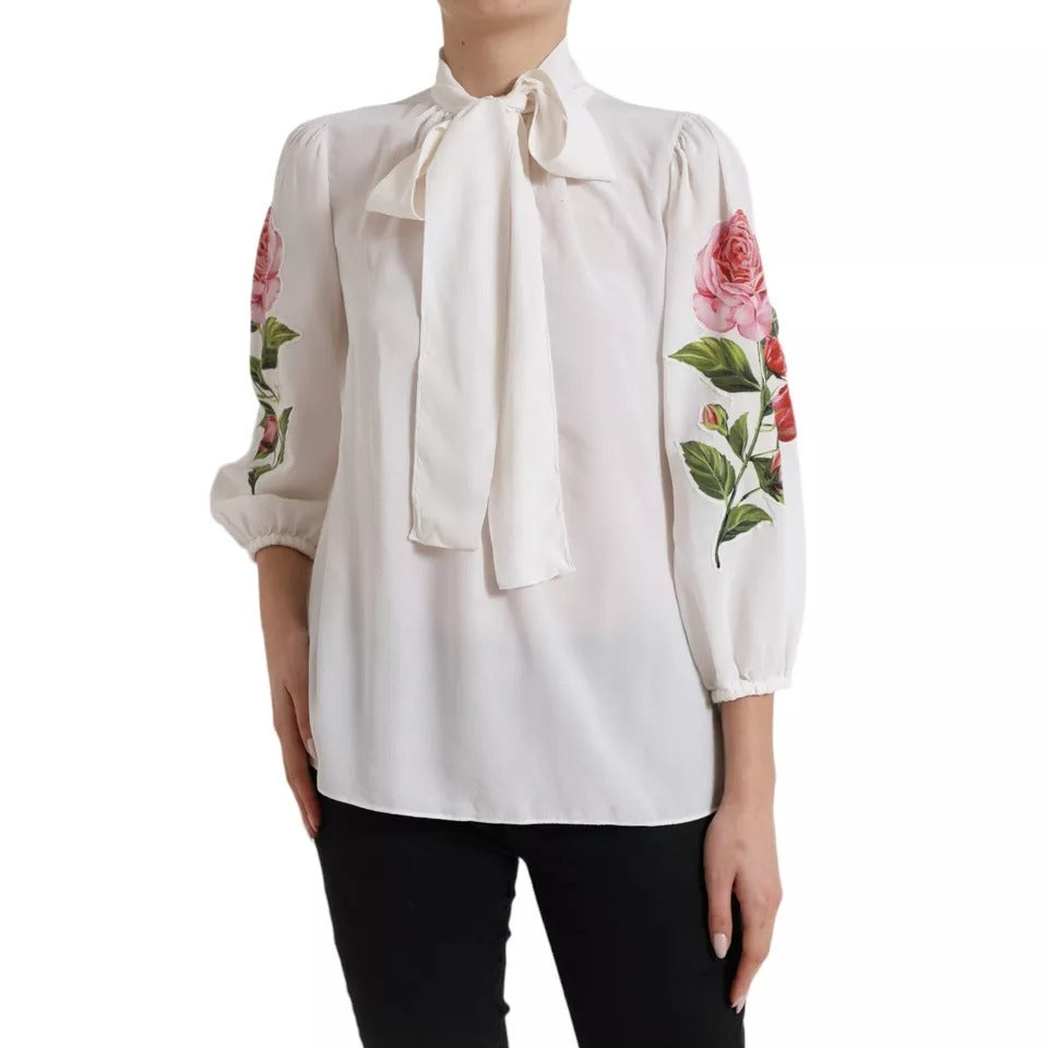 Μπλούζα Dolce & Gabbana White Floral Silk Ascot με γιακά