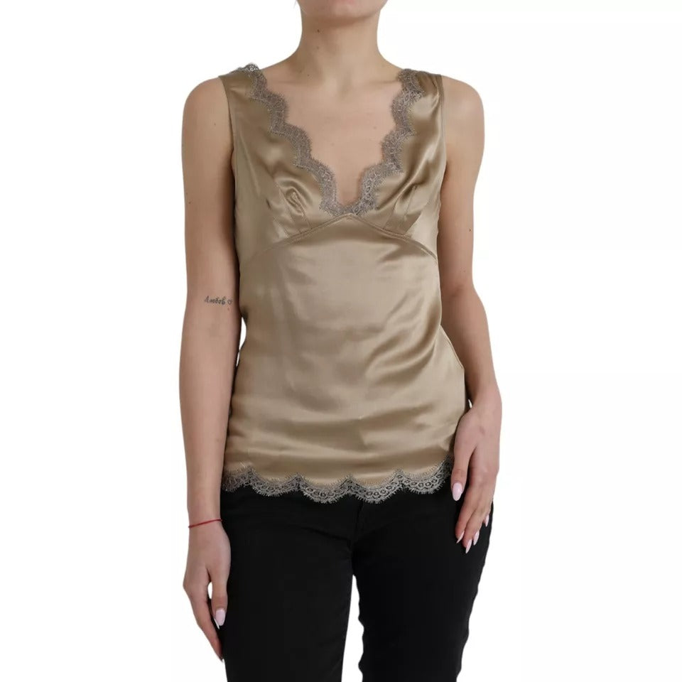 Dolce & Gabbana Brown Lace Trim Αμάνικο Tank Top με λαιμόκοψη V