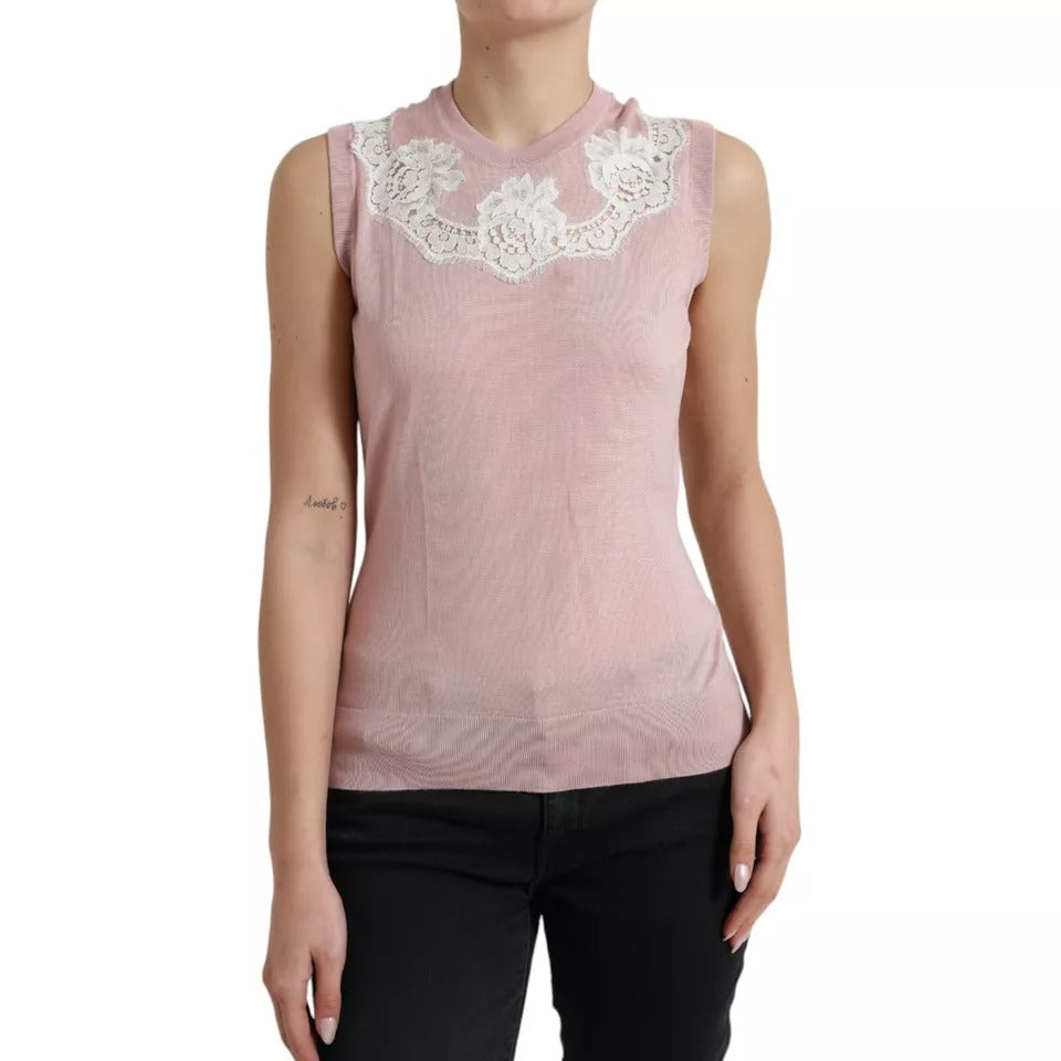 Dolce & Gabbana Pink Cashmere Lace Trim Sleeveless Tank Top