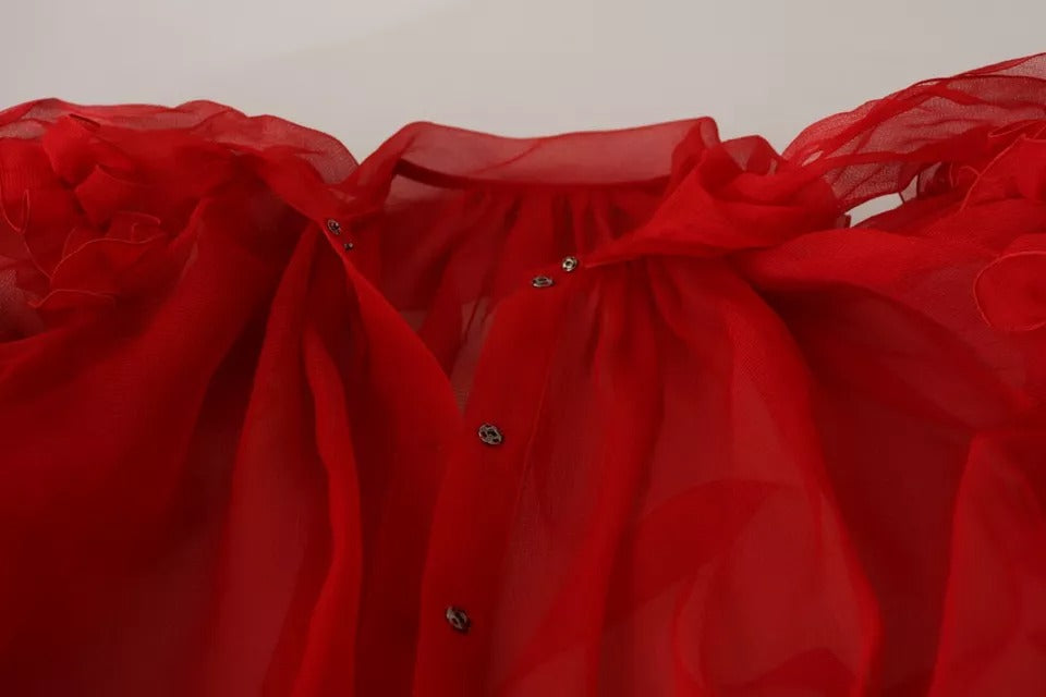 Μπλούζα Dolce & Gabbana Red Silk Ascot Collar Ruffles Μπλούζα