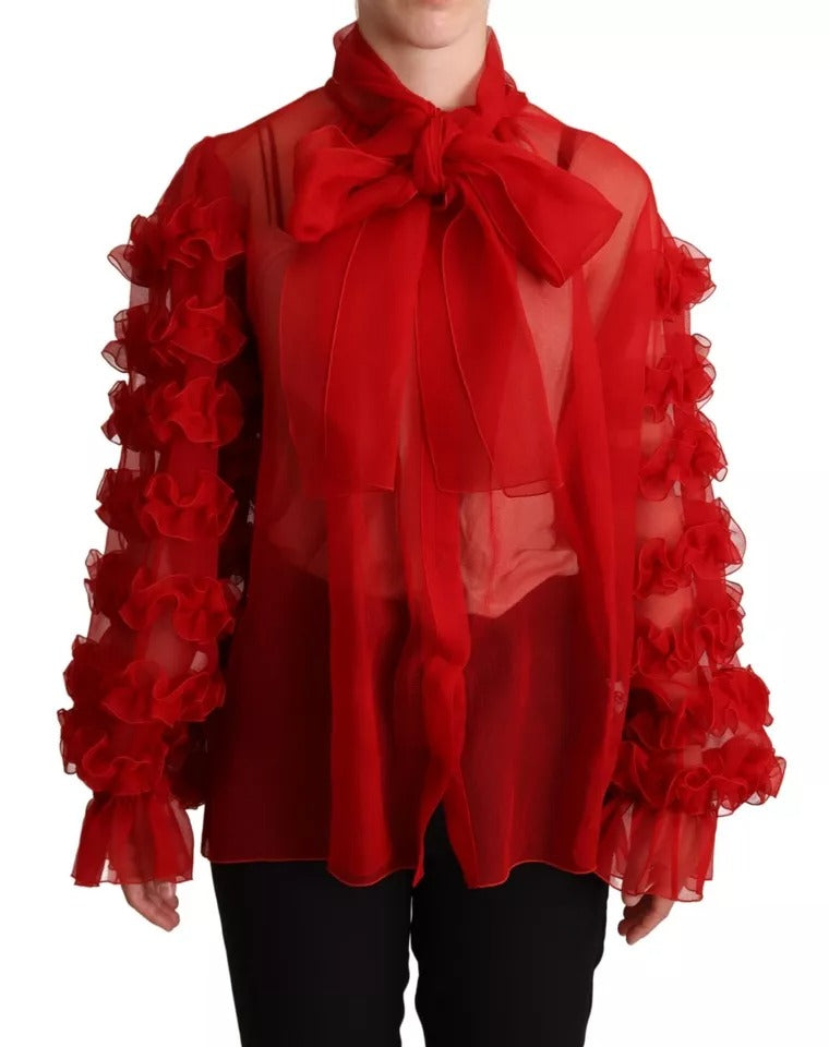 Μπλούζα Dolce & Gabbana Red Silk Ascot Collar Ruffles Μπλούζα