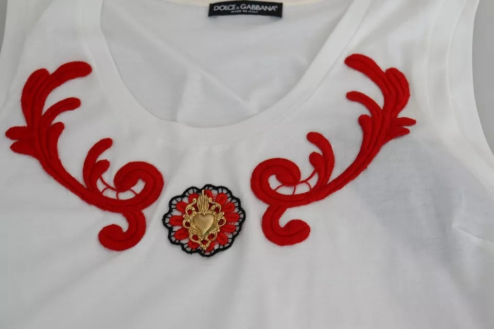 Dolce & Gabbana White Cotton Heart Απλικέ Αμάνικο Μπλουζάκι