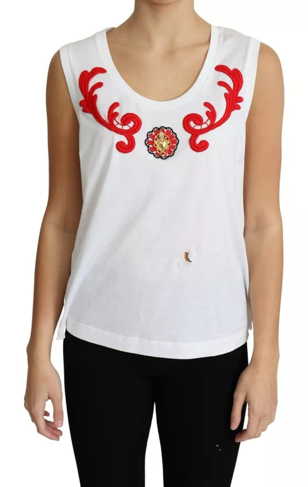 Dolce & Gabbana White Cotton Heart Απλικέ Αμάνικο Μπλουζάκι