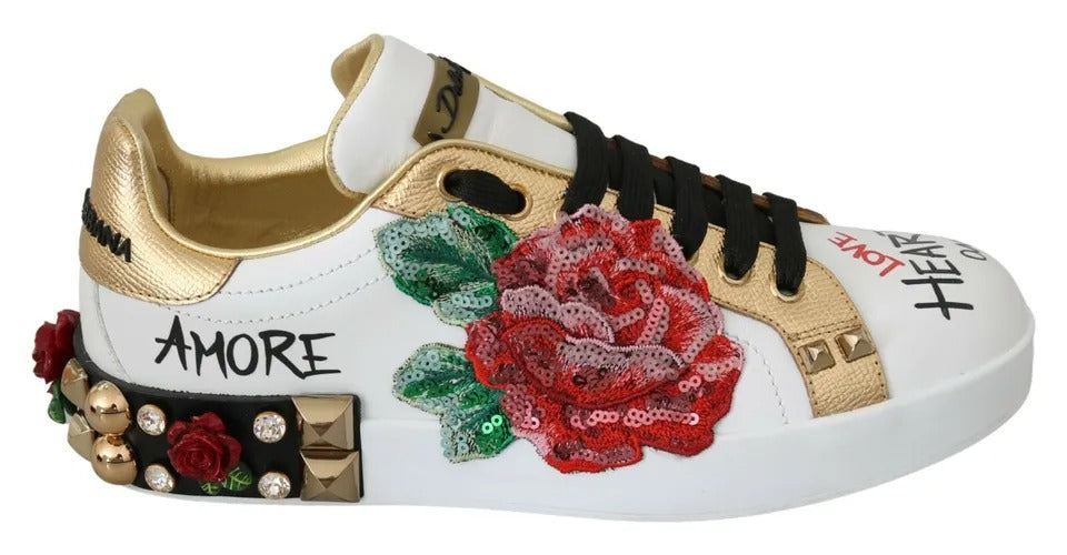 Γυναικεία αθλητικά παπούτσια Dolce &amp; Gabbana White Roses με παγιέτες από κρύσταλλο