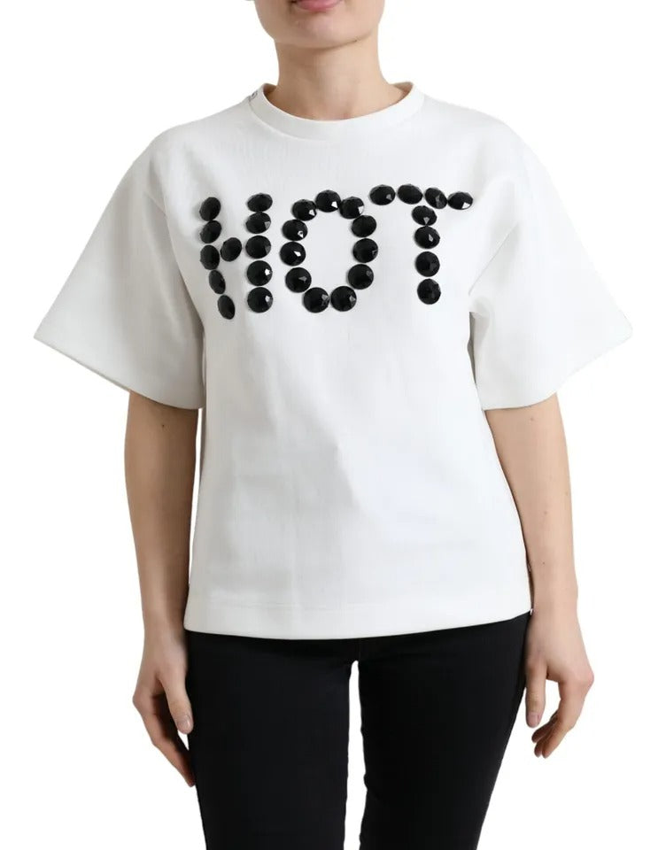 Μπλουζάκι Dolce & Gabbana White Cotton Stretch Μαύρο HOT Crystal T-shirt