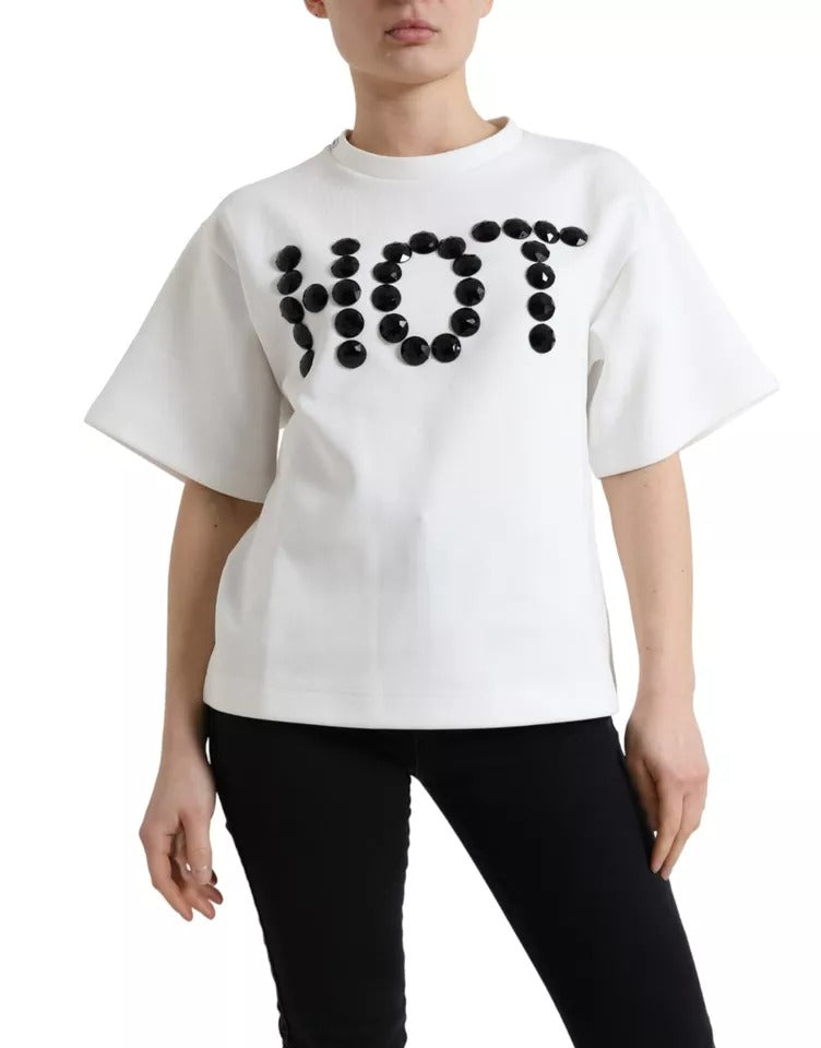 Μπλουζάκι Dolce & Gabbana White Cotton Stretch Μαύρο HOT Crystal T-shirt