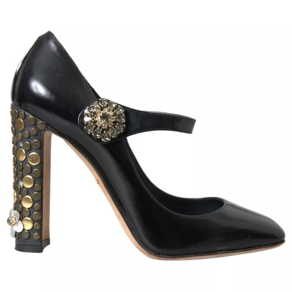 Dolce & Gabbana Black Leather Crystal Mary Janes Pumps