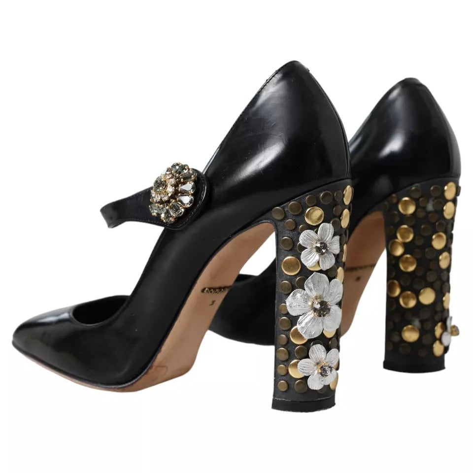 Dolce & Gabbana Black Leather Crystal Mary Janes Pumps