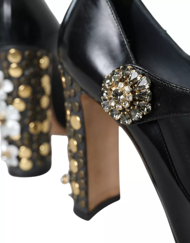 Dolce & Gabbana Black Leather Crystal Mary Janes Pumps