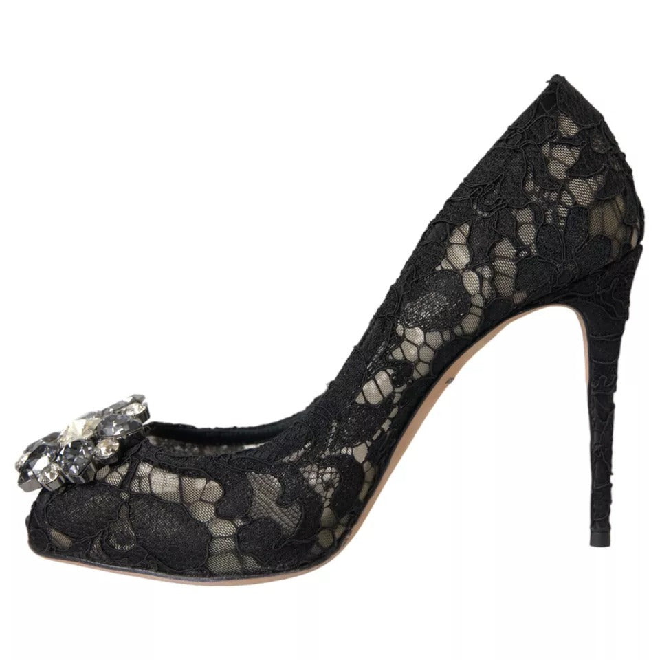 Dolce & Gabbana Black Taormina Lace Crystal Heel Pumps Shoes