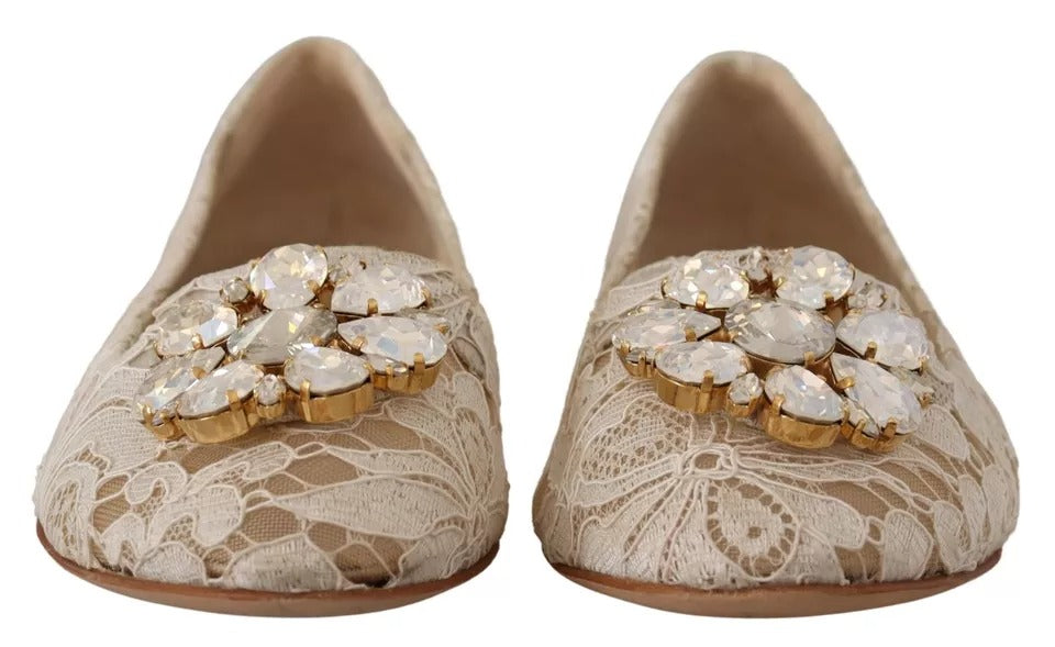 Dolce & Gabbana Beige Lace Crystal Ballet Flats Loafers Παπούτσια