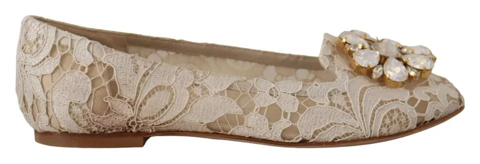 Dolce & Gabbana Beige Lace Crystal Ballet Flats Loafers Παπούτσια