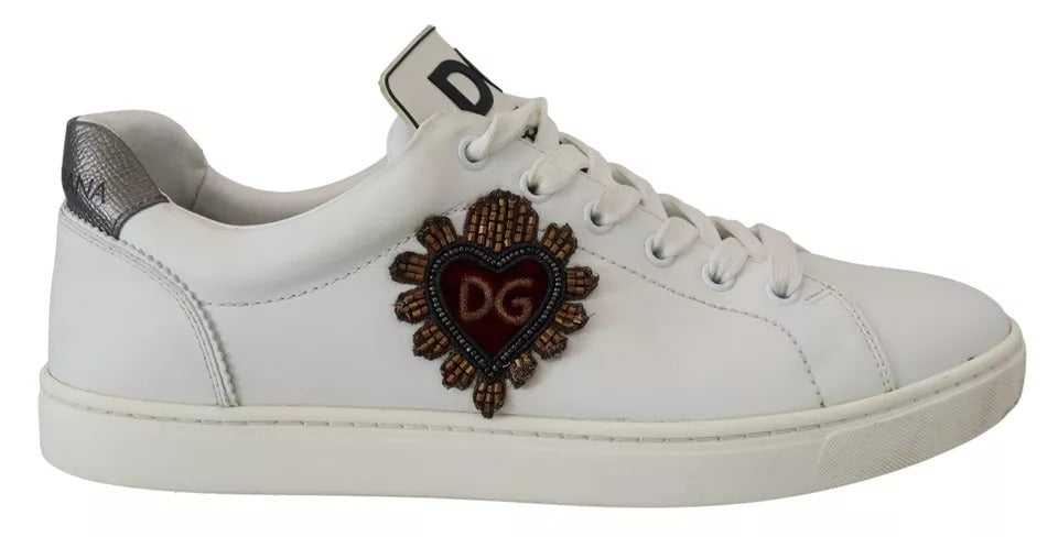 Dolce & Gabbana White Leather Heart Low Top Sneakers Casual