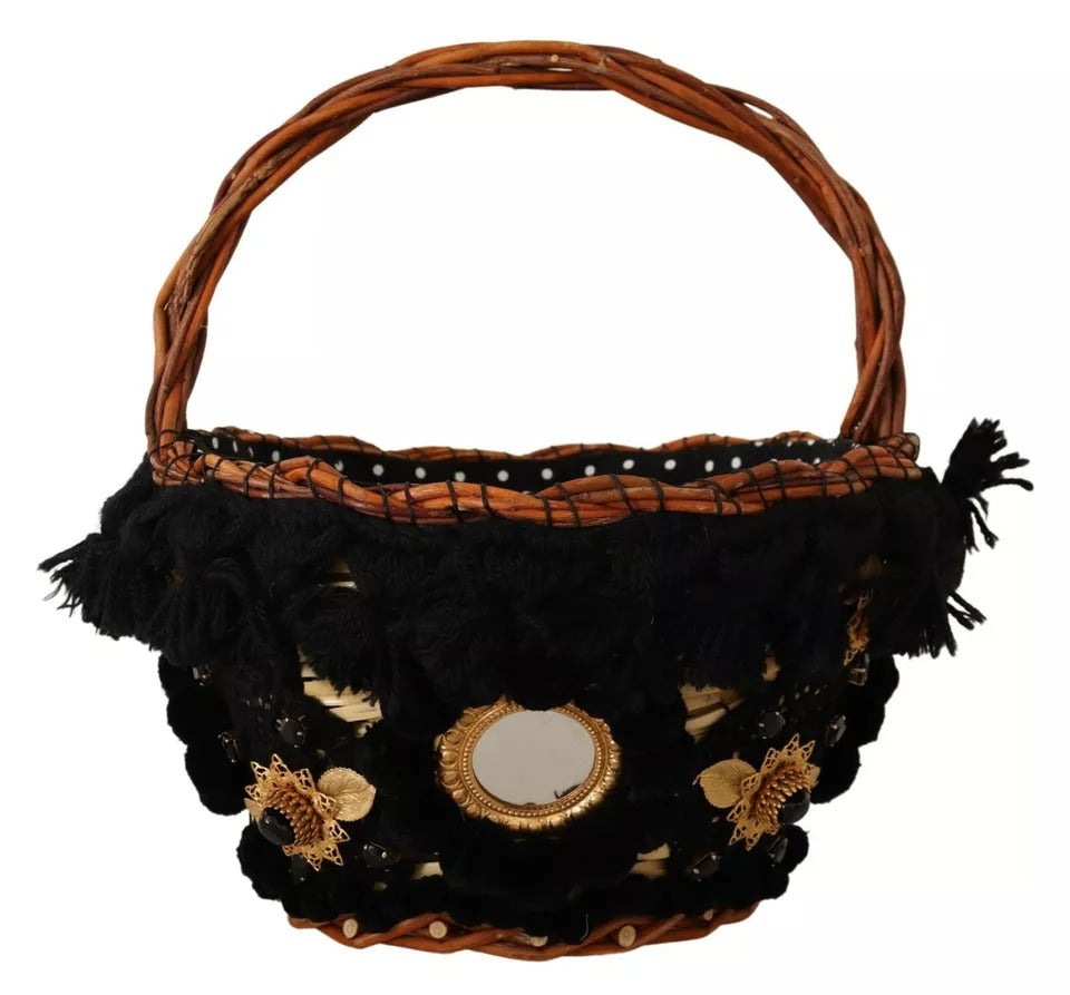 Τσάντα Dolce & Gabbana Μαύρο Ψάθινο Καλάθι Tote Pom Pom Crystals