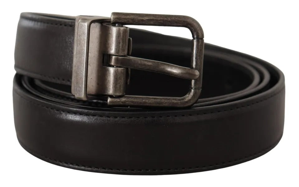 Dolce & Gabbana Black Calf Leather Vintage Logo Μεταλλική ζώνη πόρπης