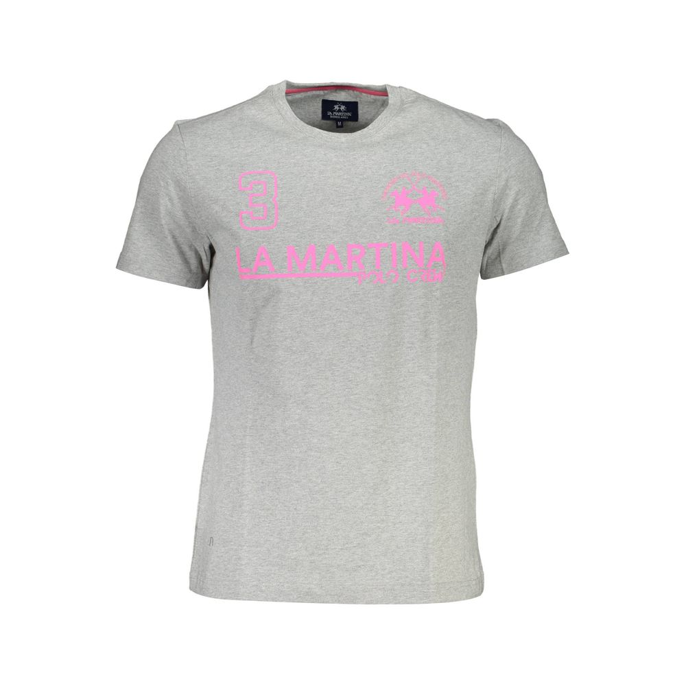 La Martina Elegant Gray Cotton Tee with Signature Print