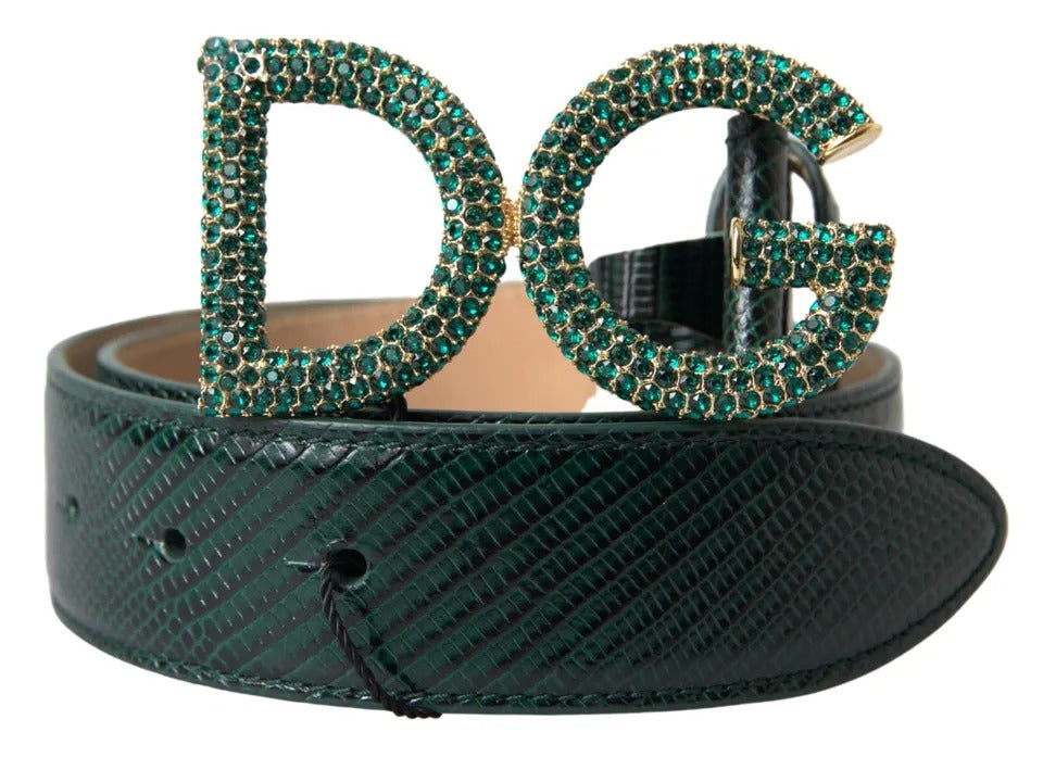 Ζώνη με χρυσή αγκράφα Dolce & Gabbana Green Iguana Leather DG Crystal