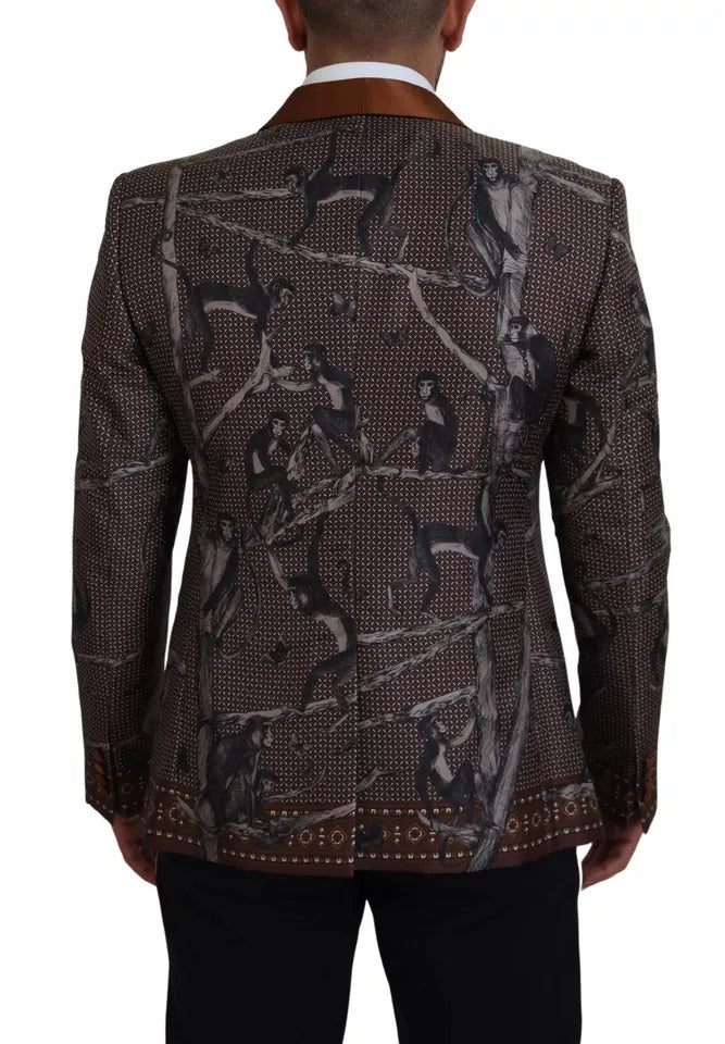 Dolce &amp; Gabbana Bronze Monkey Print Silk Slim Jacket Blazer