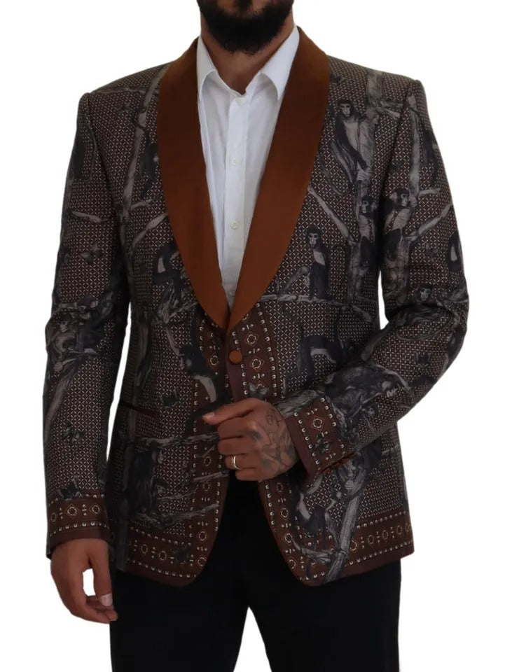 Dolce &amp; Gabbana Bronze Monkey Print Silk Slim Jacket Blazer