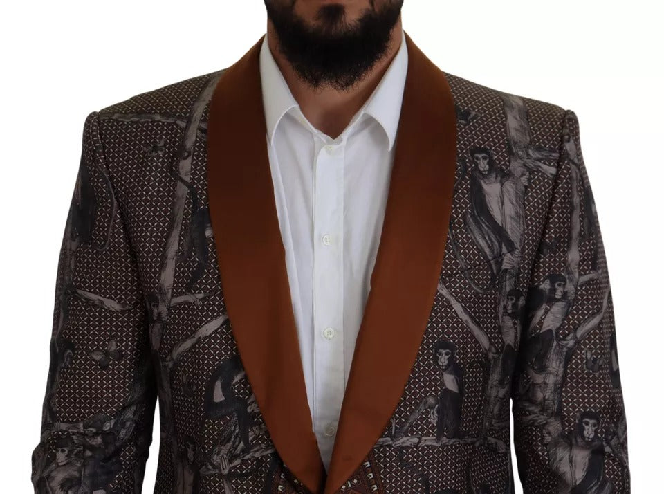 Dolce &amp; Gabbana Bronze Monkey Print Silk Slim Jacket Blazer