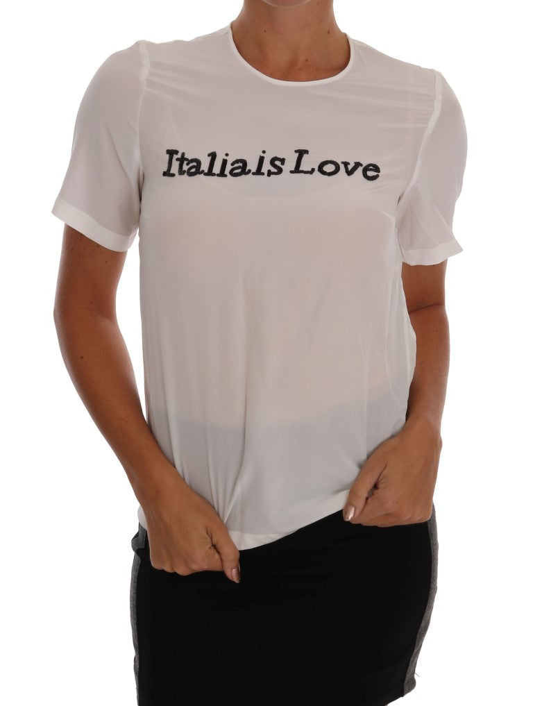 Λευκή μπλούζα Dolce &amp; Gabbana Silk Sequined 'Italia Is Love'