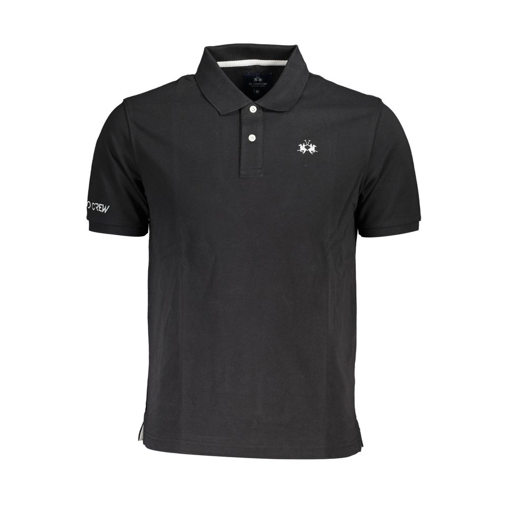 La Martina Sleek Black Cotton Polo Shirt with Embroidery