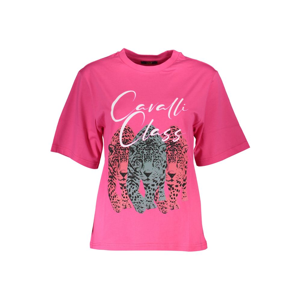 Cavalli Class Elegant Slim Fit Pink Tee με κομψή στάμπα